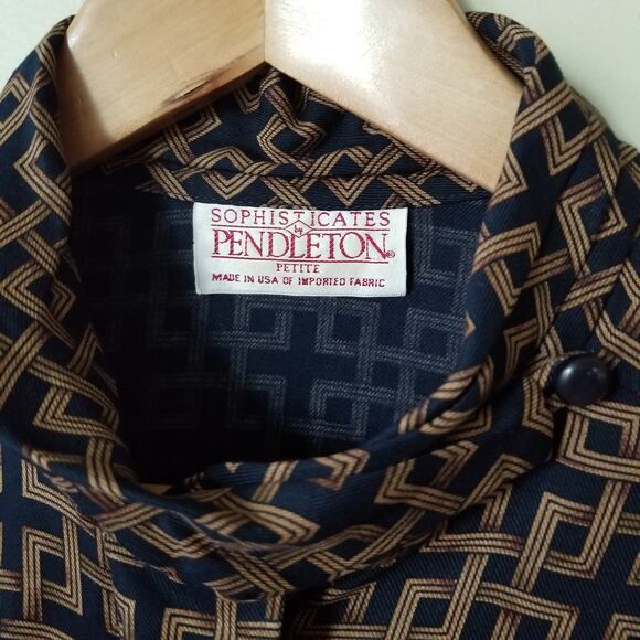 Vintage 80s Pendleton Navy & Gold Geometric Print Coordinating Blouse Skirt Set - Picture 2 of 11